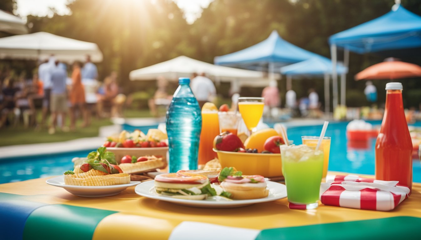 A colorful outdoor pool party with tables of food, drinks, and safety equipment such as lifebuoys and first aid kits nearby