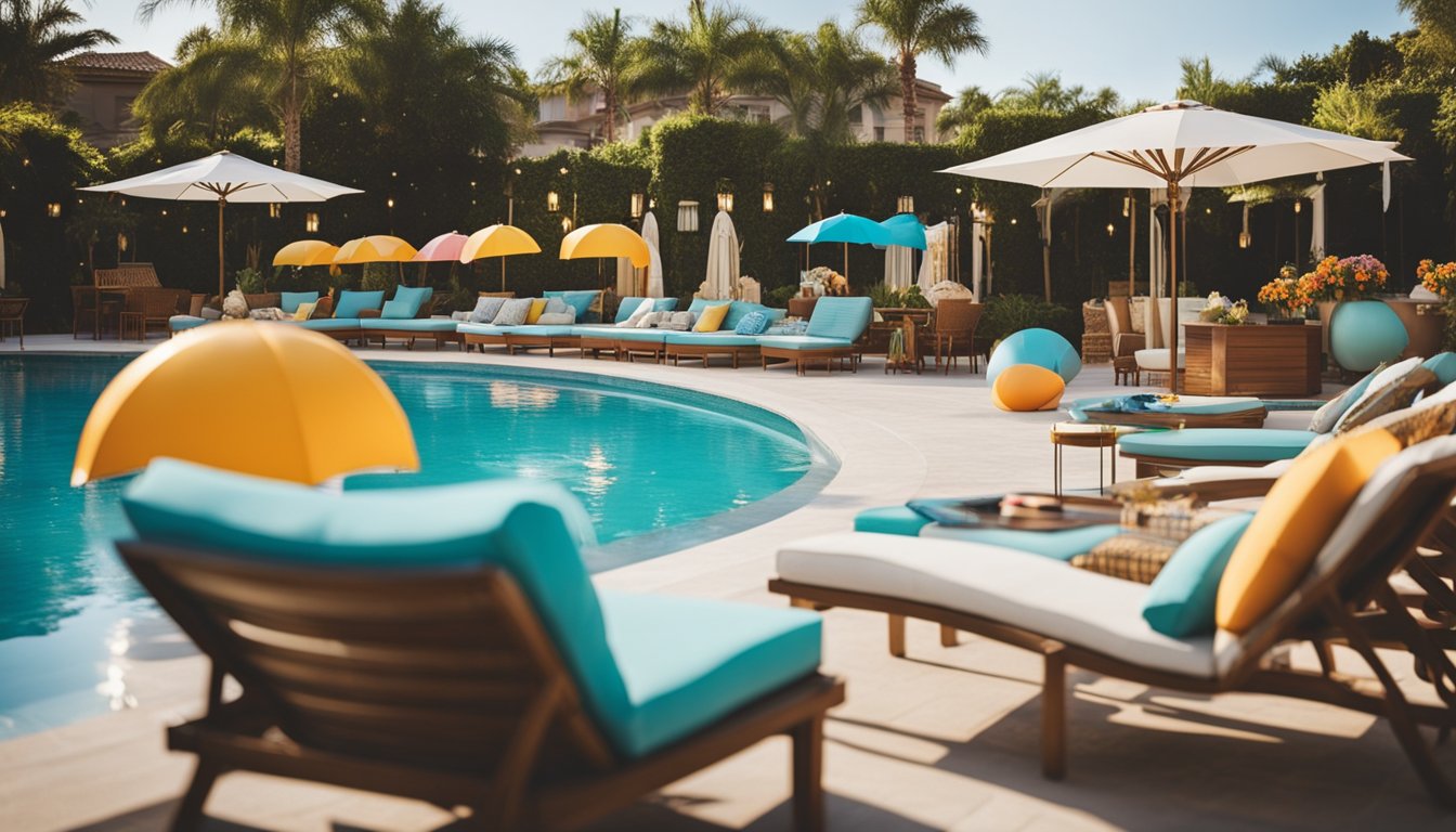 A colorful poolside scene with a festive atmosphere, featuring a large outdoor pool surrounded by lounge chairs, umbrellas, a grill, and a variety of party decorations