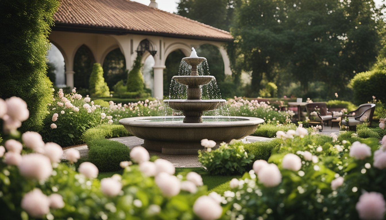 A lush garden with a bubbling fountain surrounded by blooming flowers and elegant outdoor seating for a garden party