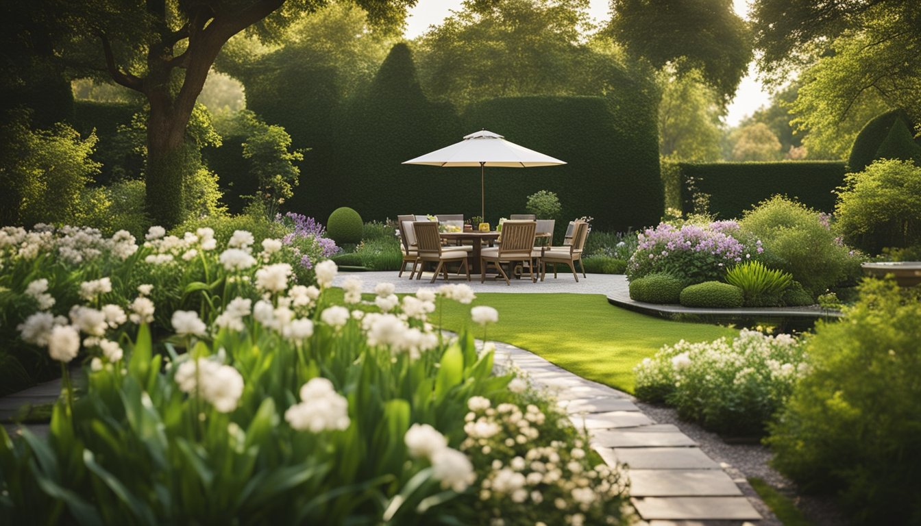 A lush garden with a serene pond, surrounded by blooming flowers and elegant outdoor seating for hosting garden parties