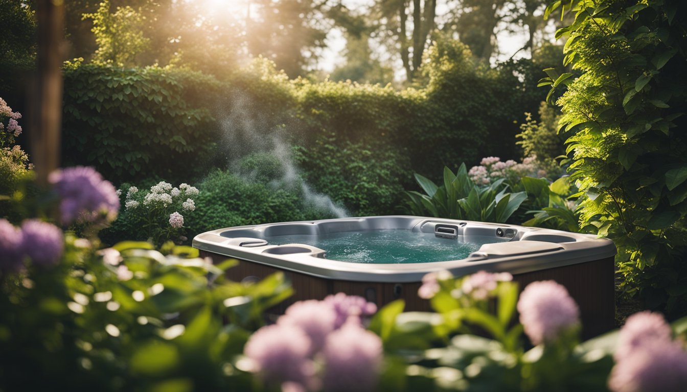 A serene hot tub nestled in a peaceful garden, surrounded by lush greenery and blooming flowers, with steam rising from the water