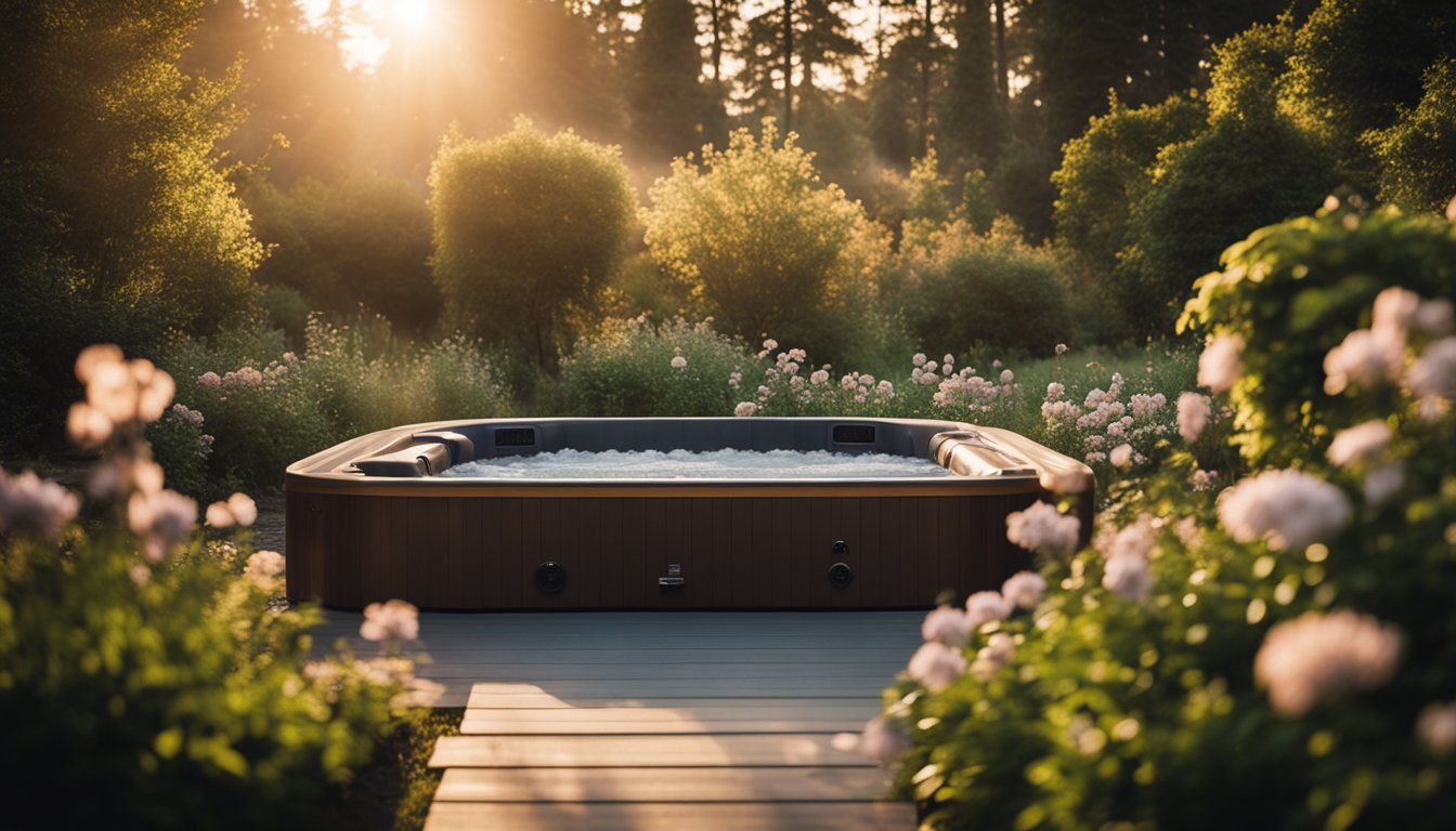 A serene hot tub nestled in a lush garden, surrounded by blooming flowers and tall trees. Steam rises from the water as the sun sets, casting a warm glow over the scene