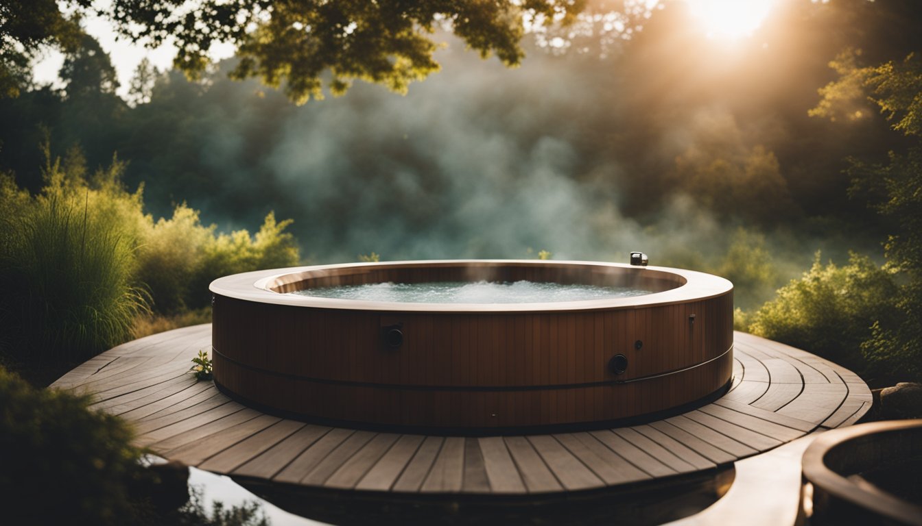 A serene hot tub surrounded by nature, with steam rising and soft lighting for meditation