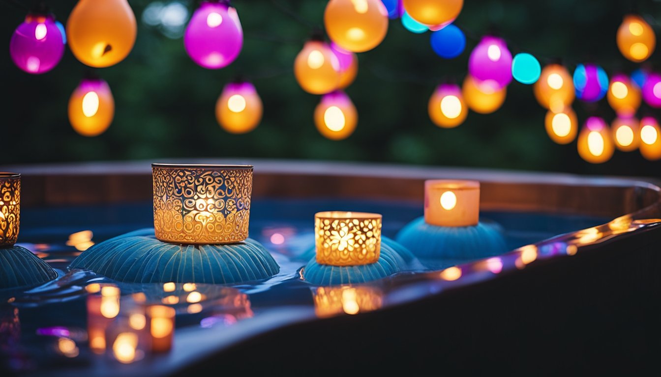 A colorful array of string lights, lanterns, and floating candles illuminate the outdoor hot tub area, creating a festive and inviting atmosphere