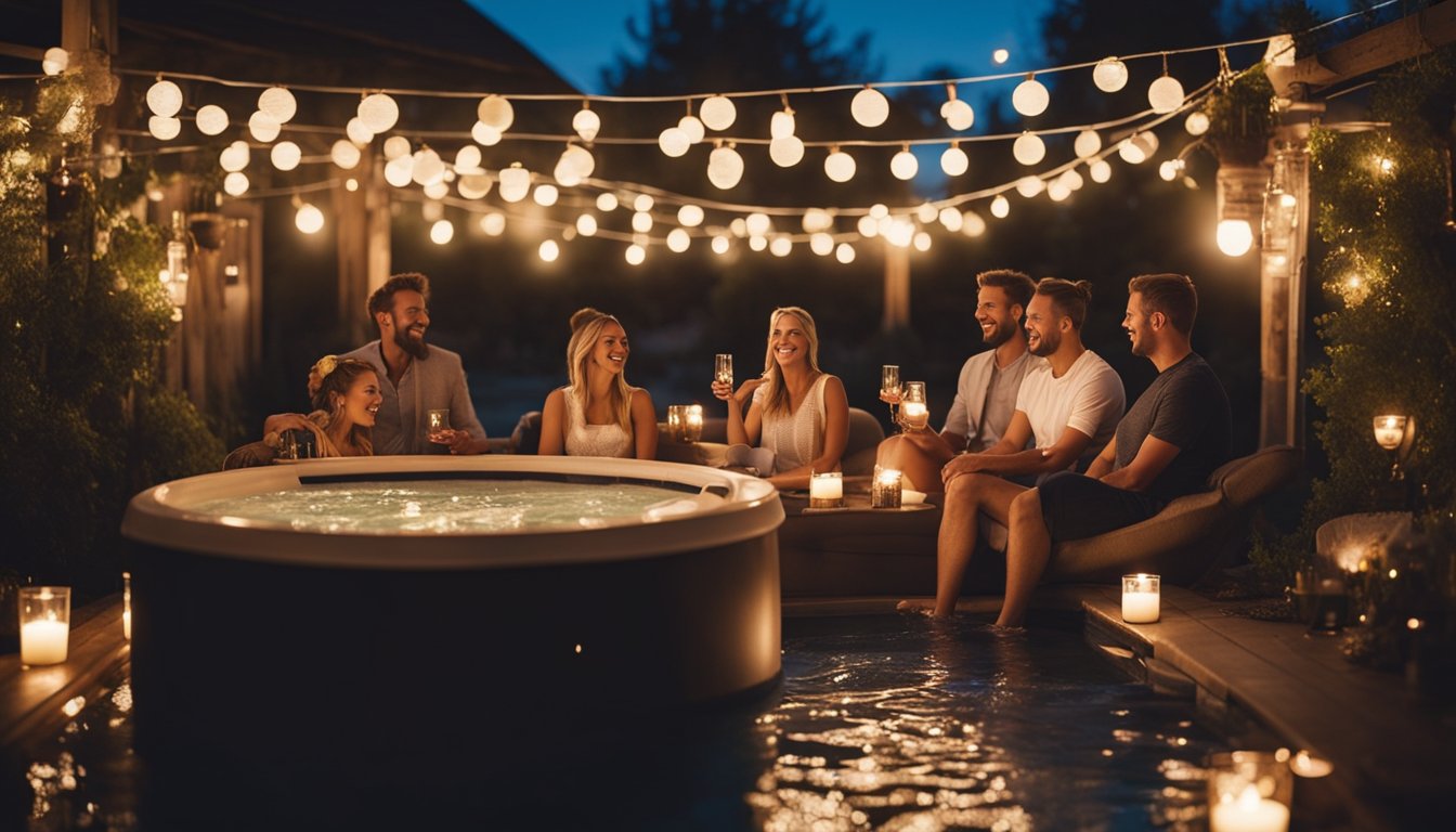 A group of people enjoy a hot tub party outdoors, surrounded by creative decorations like fairy lights, lanterns, and floating candles