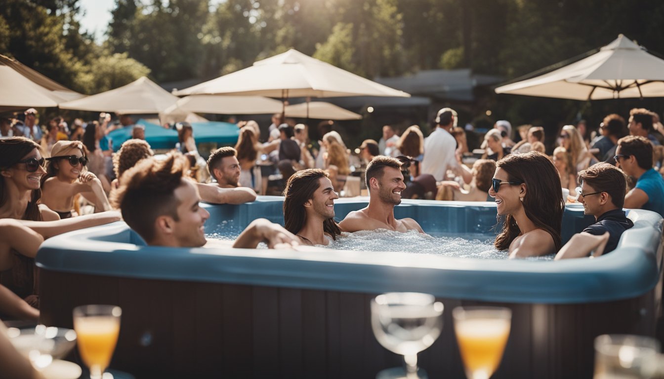 A bustling outdoor event with people enjoying hot tub rentals, surrounded by a lively atmosphere and economic activity