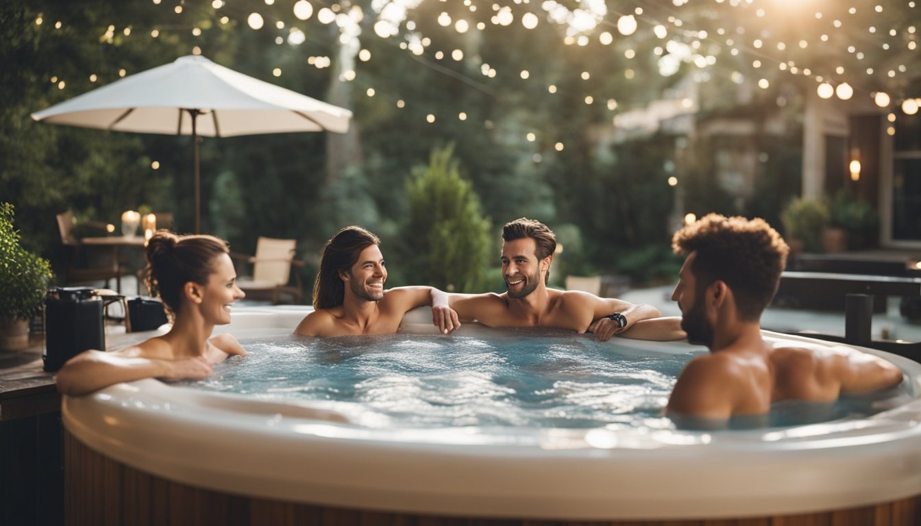 A bustling hot tub rental business with multiple customers enjoying the relaxing experience. Staff efficiently managing the operation to maximize profitability