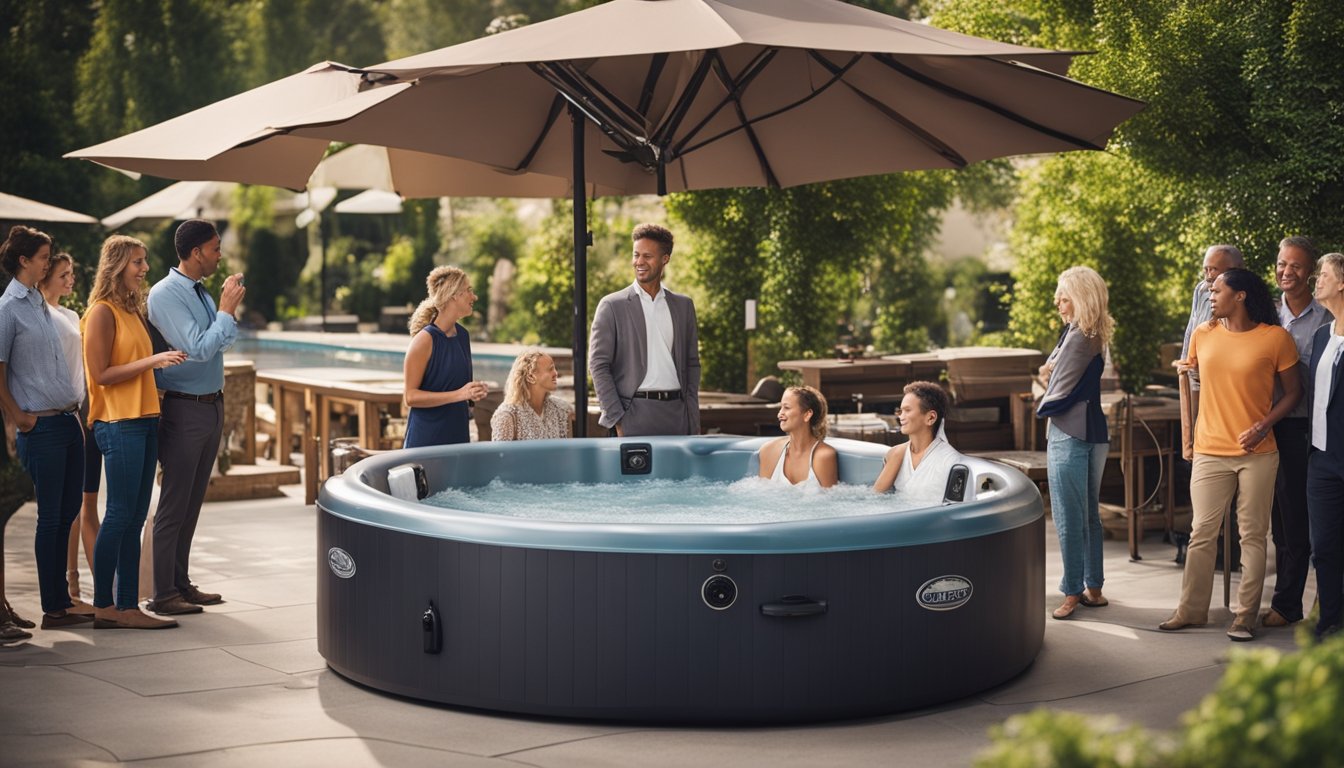 A bustling hot tub rental business with customers lining up, a busy staff answering questions, and a financial report showing positive economic impact