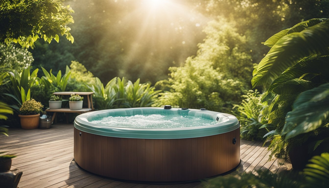 A hot tub surrounded by lush greenery, with eco-friendly cleaning products and tools neatly arranged nearby. The water sparkles under the sun, inviting relaxation