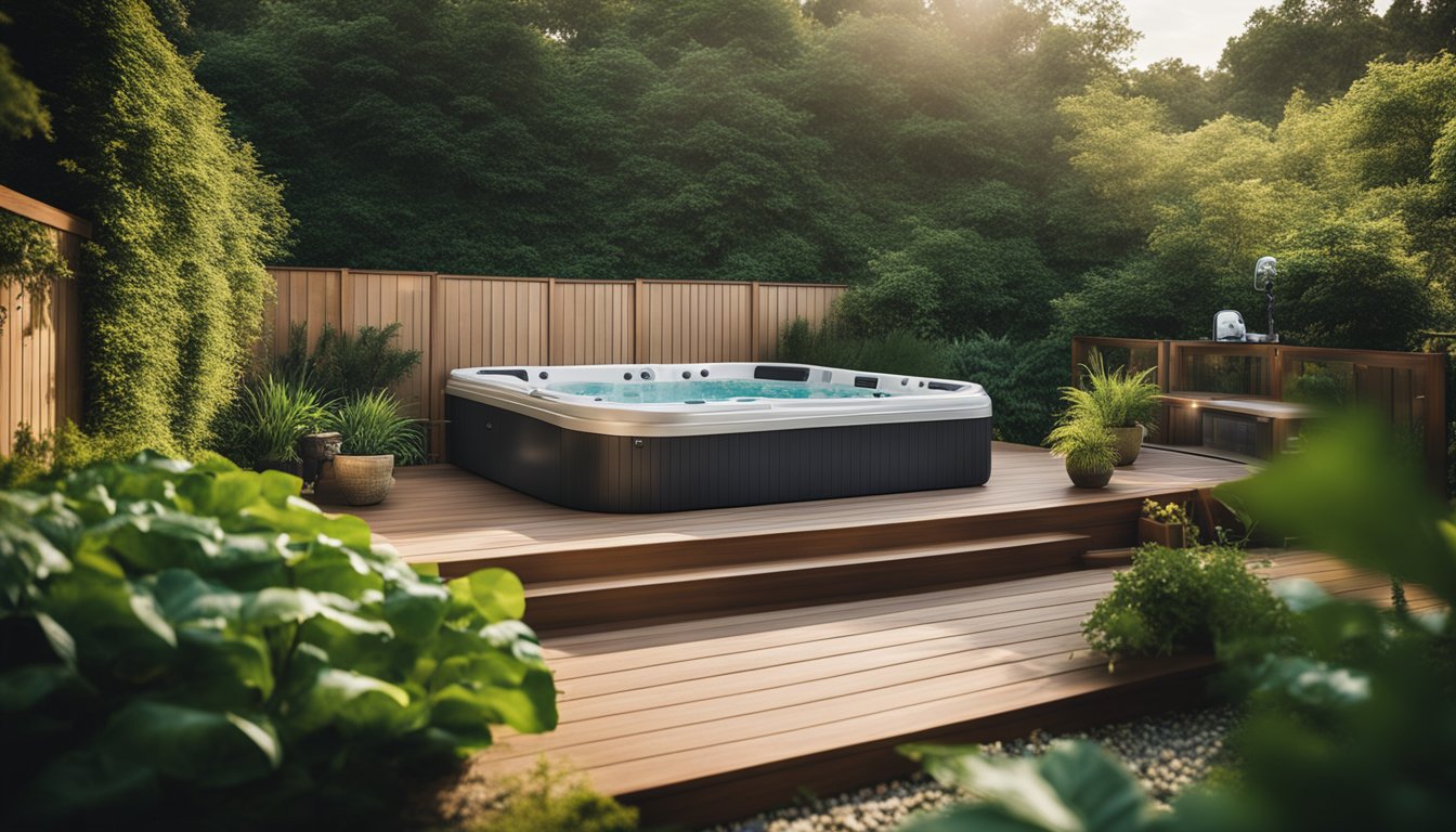 A serene hot tub surrounded by lush greenery, with a solar-powered cleaning system and eco-friendly products neatly displayed nearby