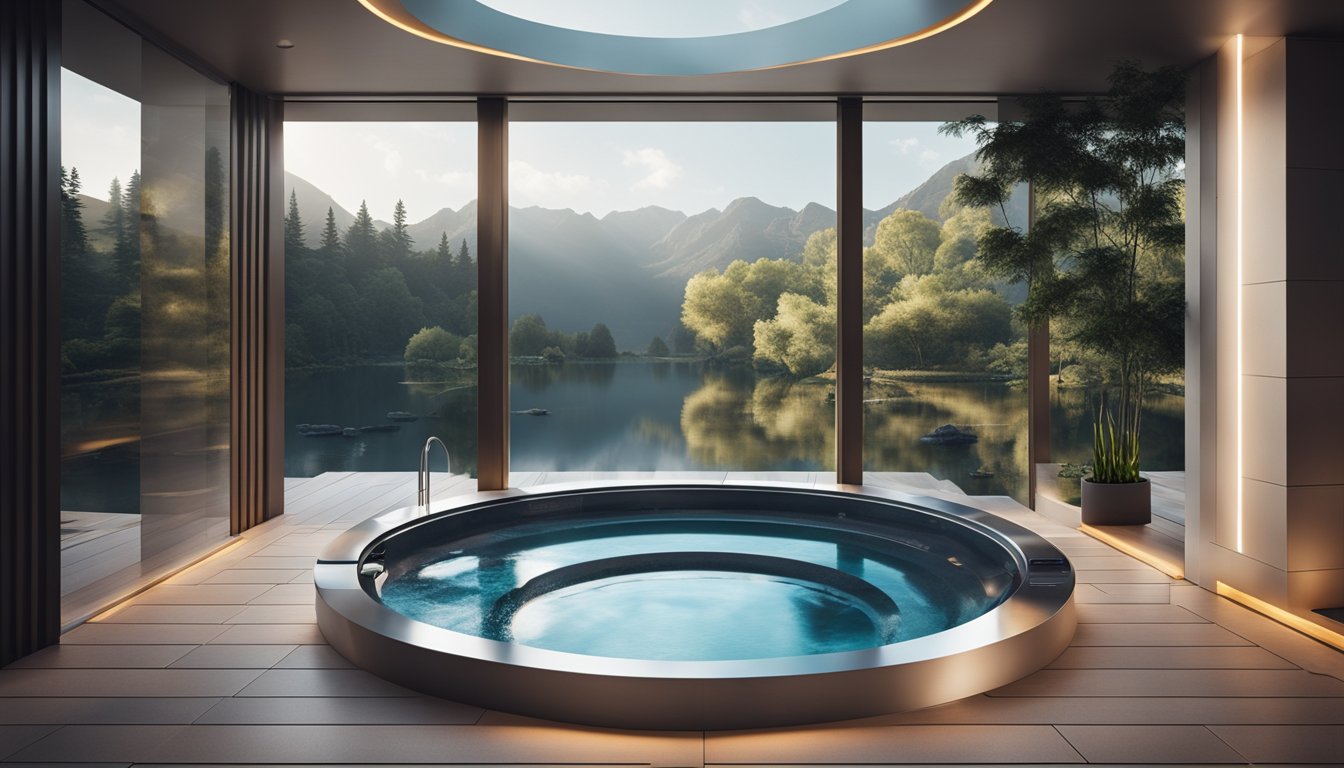 A futuristic hot tub design with integrated advanced technology and sleek, modern features, set against a backdrop of a serene hydrotherapy environment