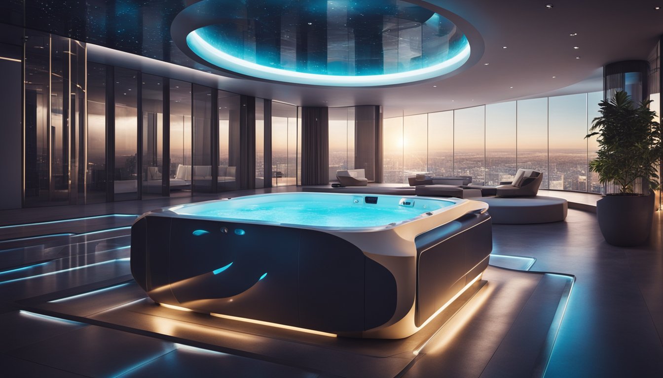 A modern hot tub surrounded by futuristic elements and technology, with sleek and innovative design features