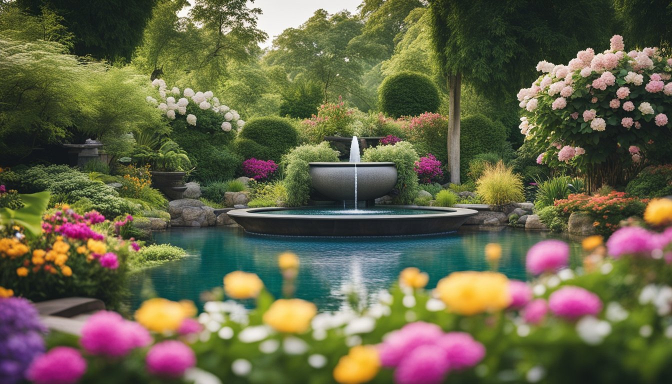 A serene garden with a modern water feature surrounded by lush greenery and colorful flowers, designed for relaxation and tranquility