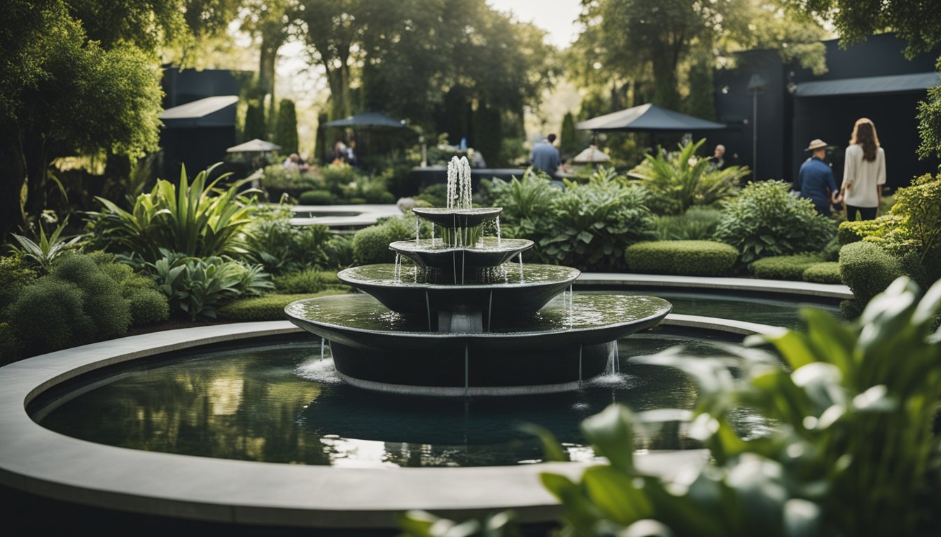 A lush garden with modern water features, including cascading fountains and sculptural designs, surrounded by curious onlookers