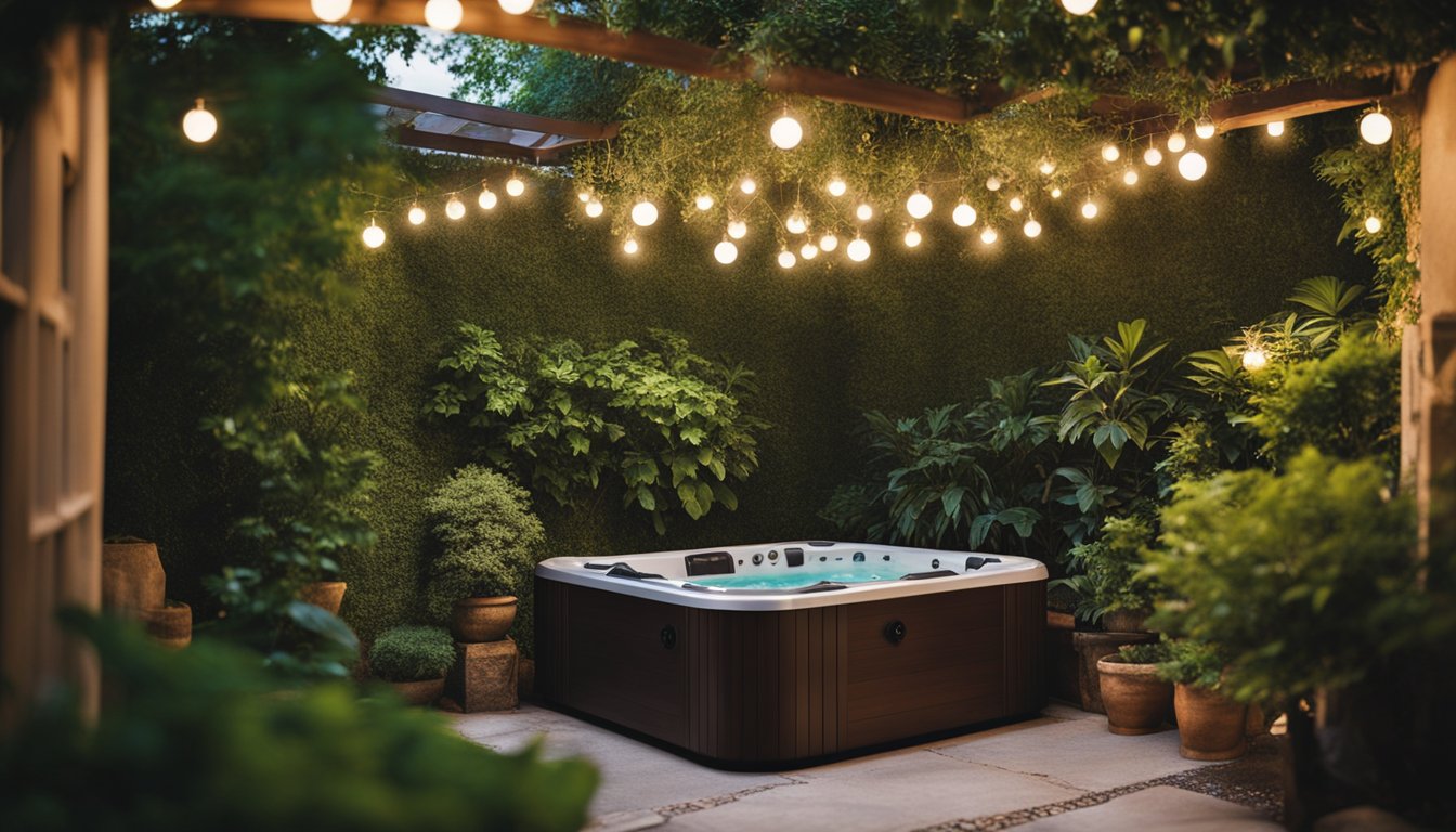 A small hot tub nestled in a cozy garden corner, surrounded by lush greenery and decorative lighting