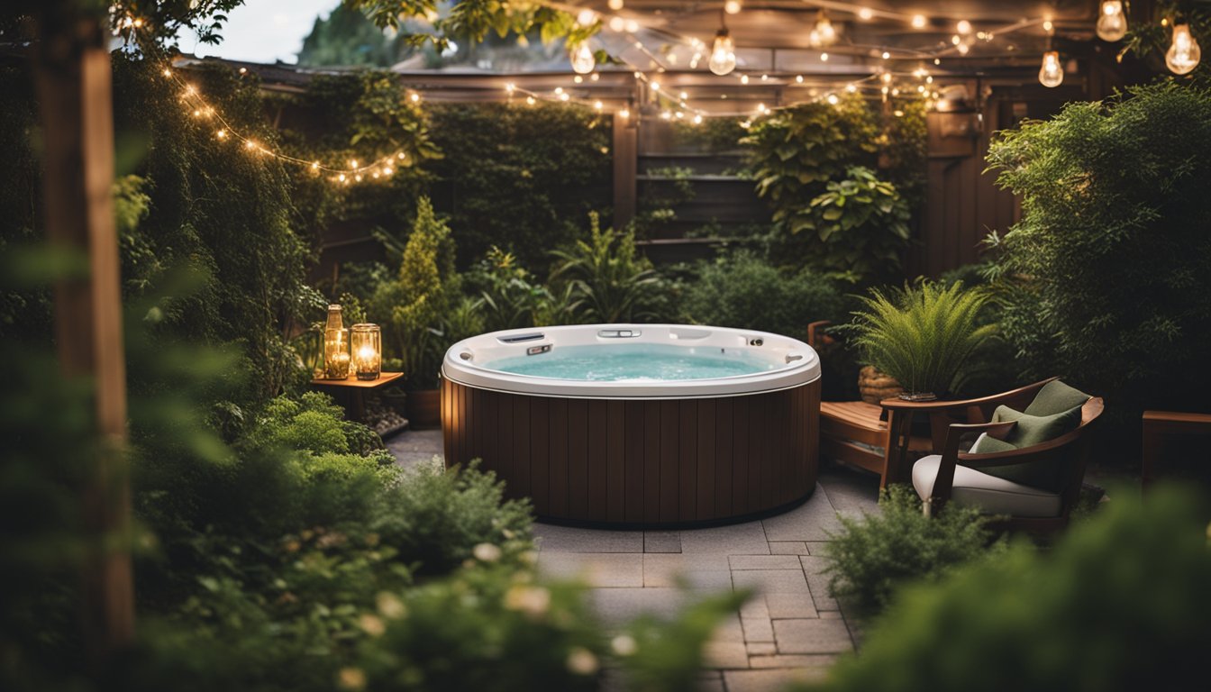 A small hot tub nestled among lush greenery, surrounded by cozy seating and twinkling lights, creating a tranquil oasis in a compact garden space