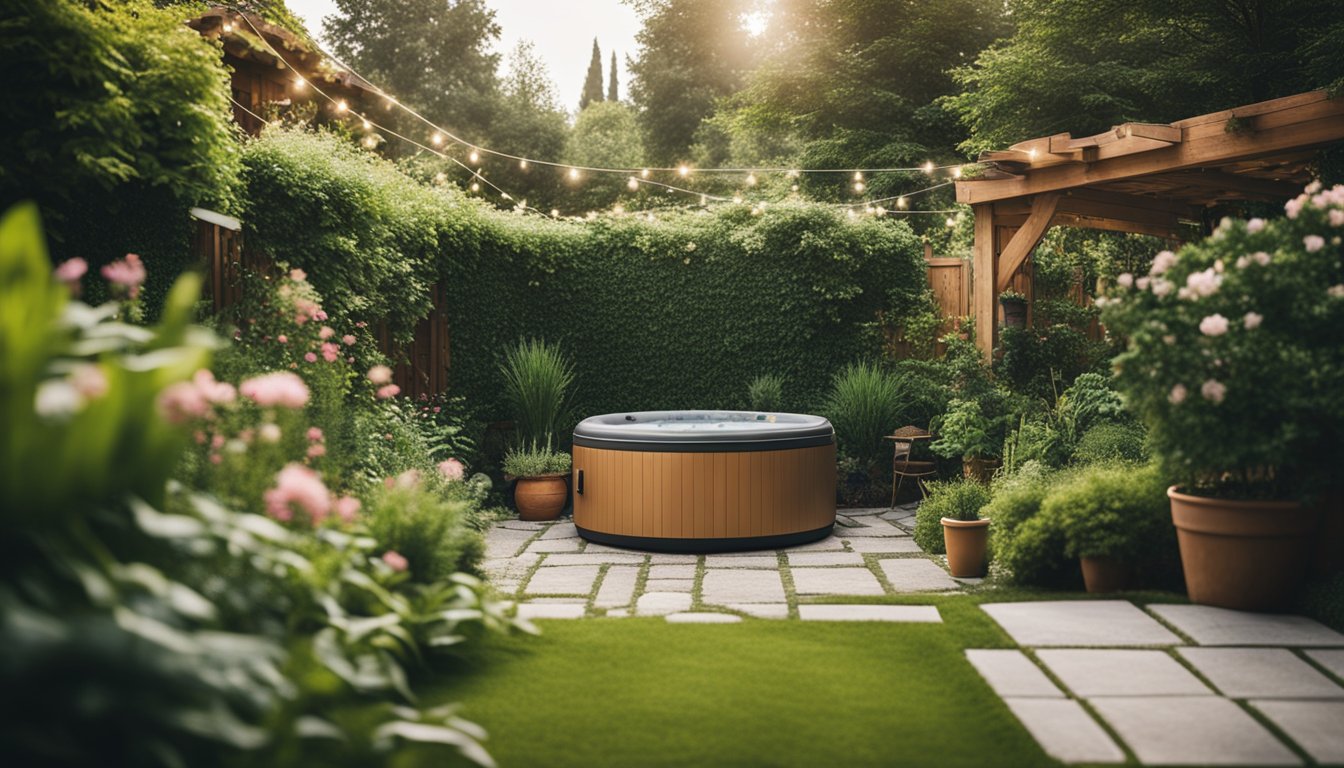 A cozy backyard with a small hot tub nestled among lush greenery and flowers, maximizing the garden space