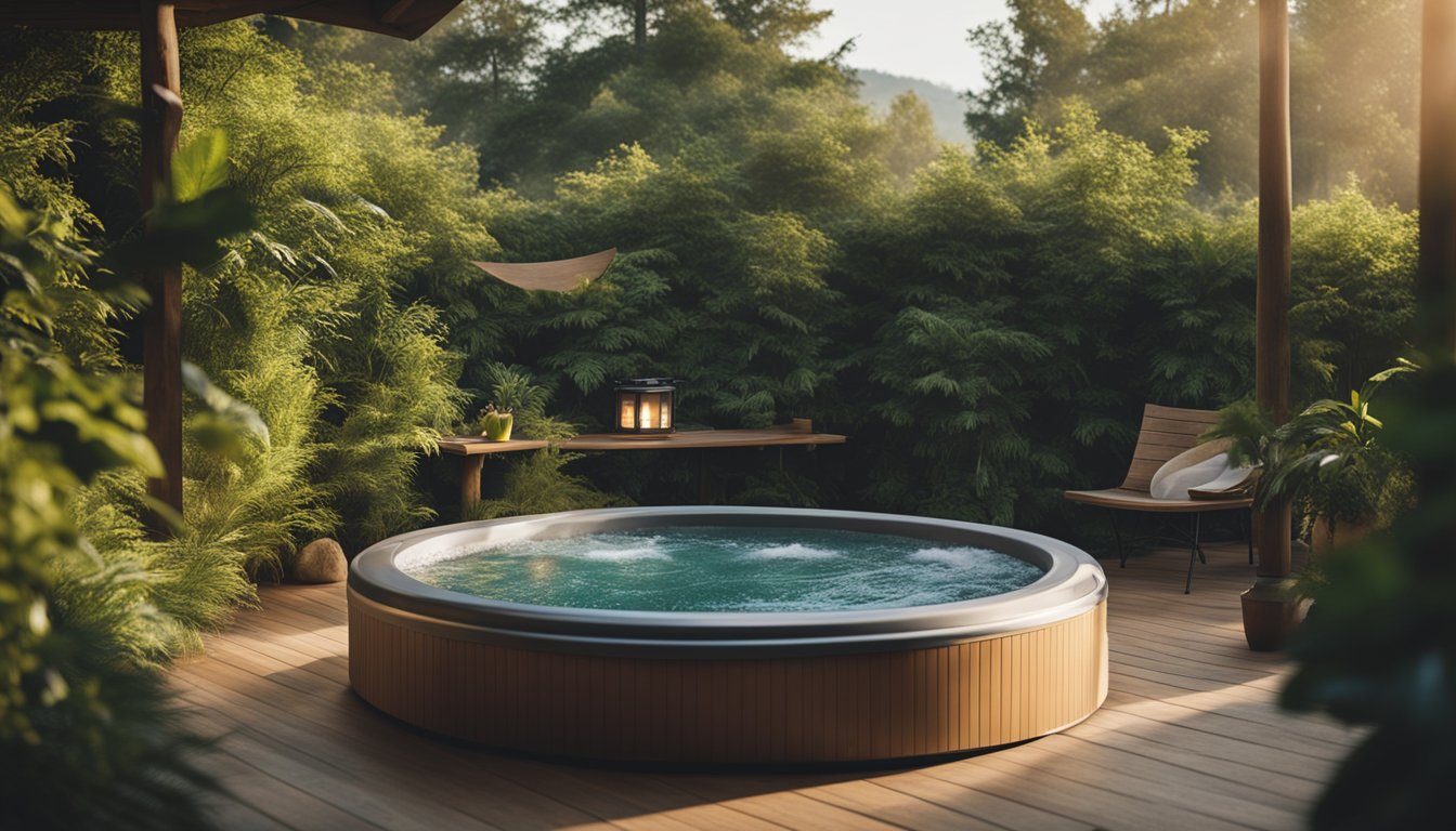 A serene hot tub surrounded by lush greenery, with soft lighting and a speaker playing soothing music