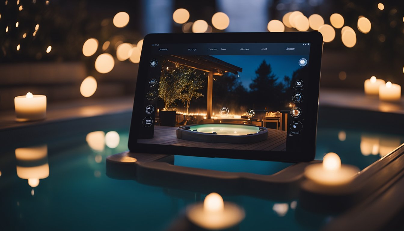 A tranquil hot tub surrounded by soft glowing lights, with a smartphone or tablet playing a calming playlist on a nearby table