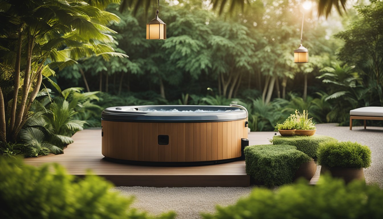 A serene outdoor hot tub surrounded by lush greenery, with a Bluetooth speaker playing soft music, creating a peaceful and relaxing atmosphere