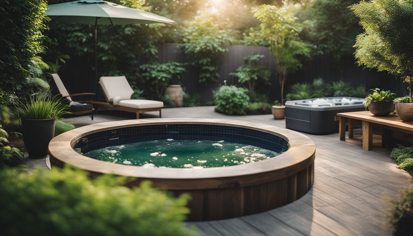 A serene backyard oasis with a hot tub, lush greenery, calming water features, and comfortable seating for a tranquil outdoor spa retreat at home