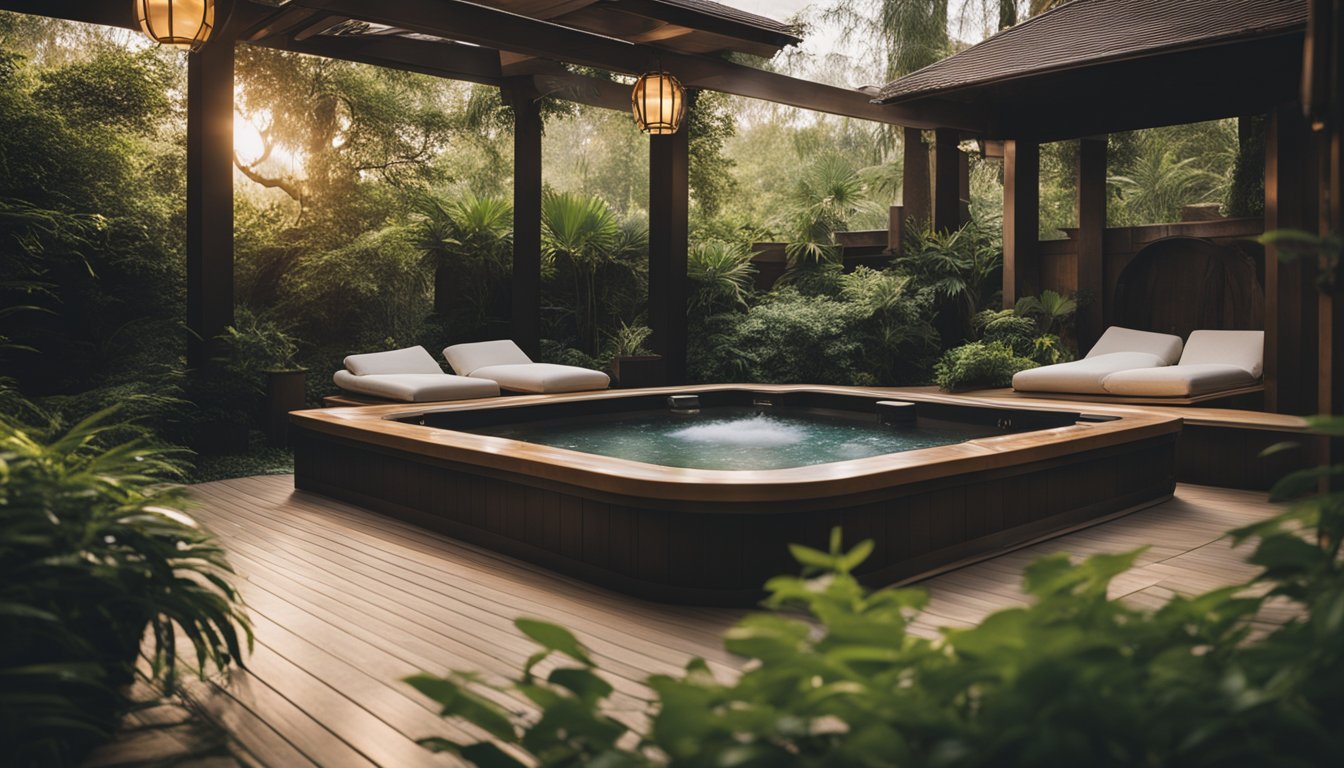 A serene outdoor spa retreat with a bubbling hot tub, lush greenery, and soft ambient lighting