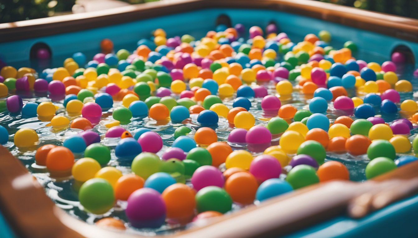 A hot tub surrounded by colorful floating toys and games, with people of all ages laughing and enjoying themselves