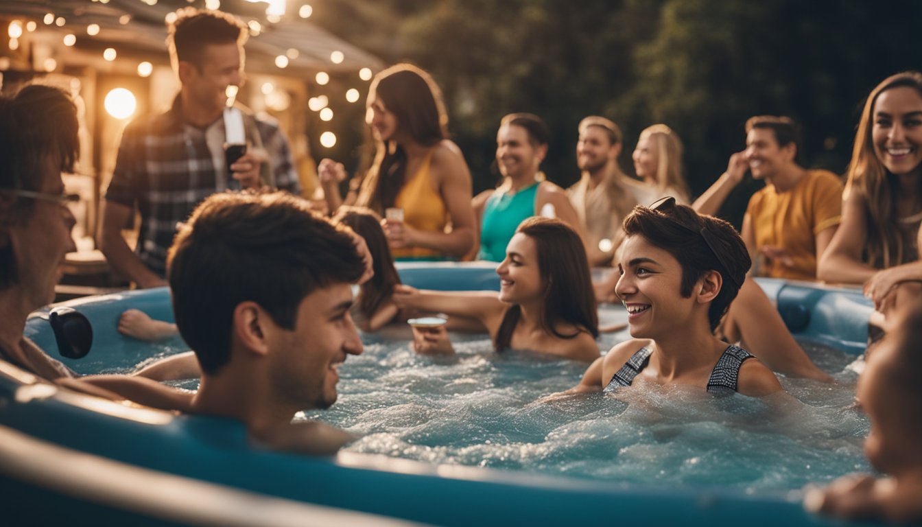 A hot tub surrounded by people of all ages enjoying various entertainment activities, such as board games, music, and snacks