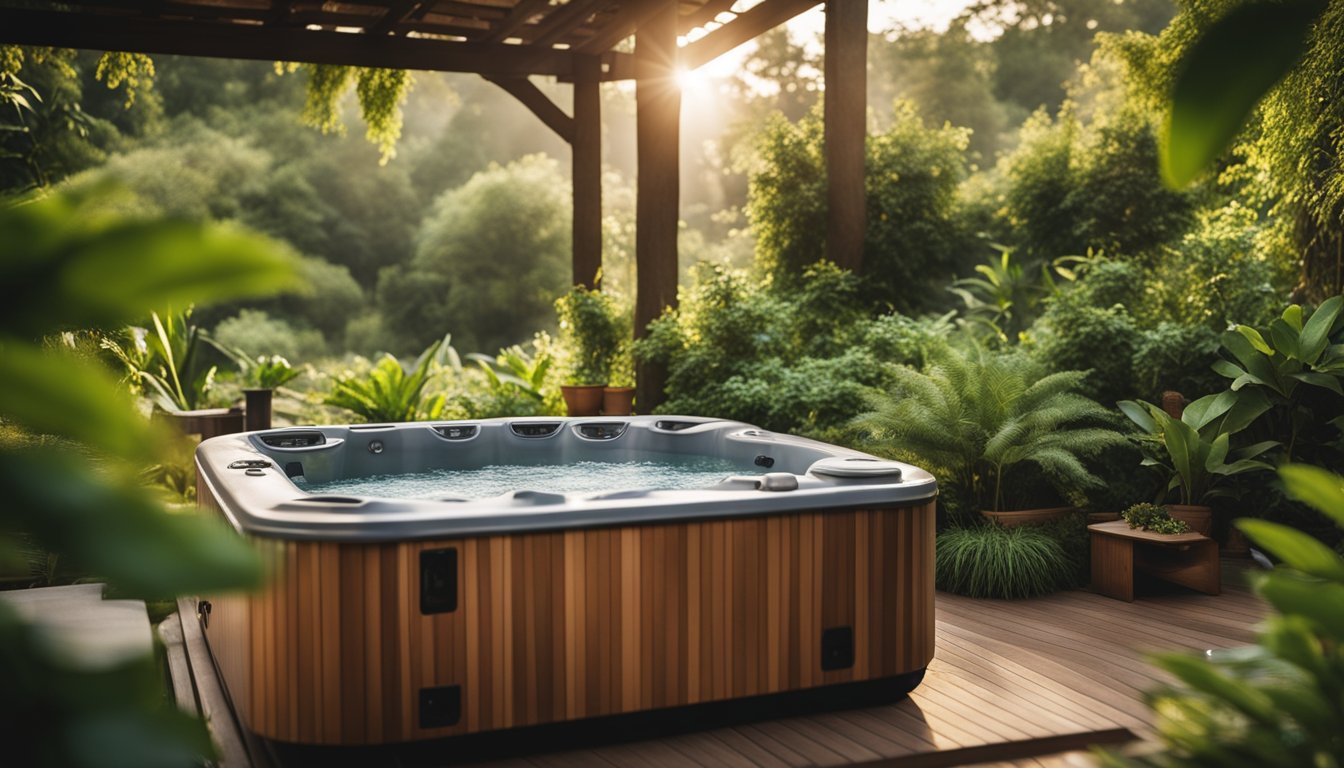 A serene outdoor hot tub surrounded by lush greenery, with essential aromatherapy oils and candles placed around the tub for relaxation