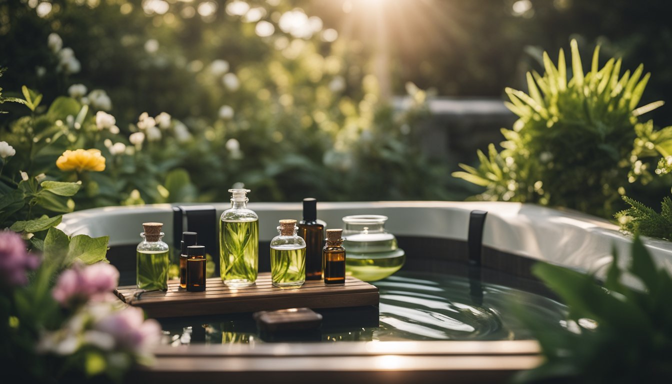 A serene outdoor hot tub surrounded by lush greenery and aromatic flowers, with a tray of essential oils and candles nearby