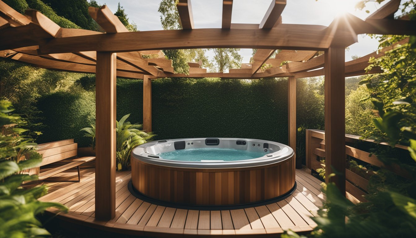 A lush garden surrounds a secluded hot tub, enclosed by wooden privacy structures