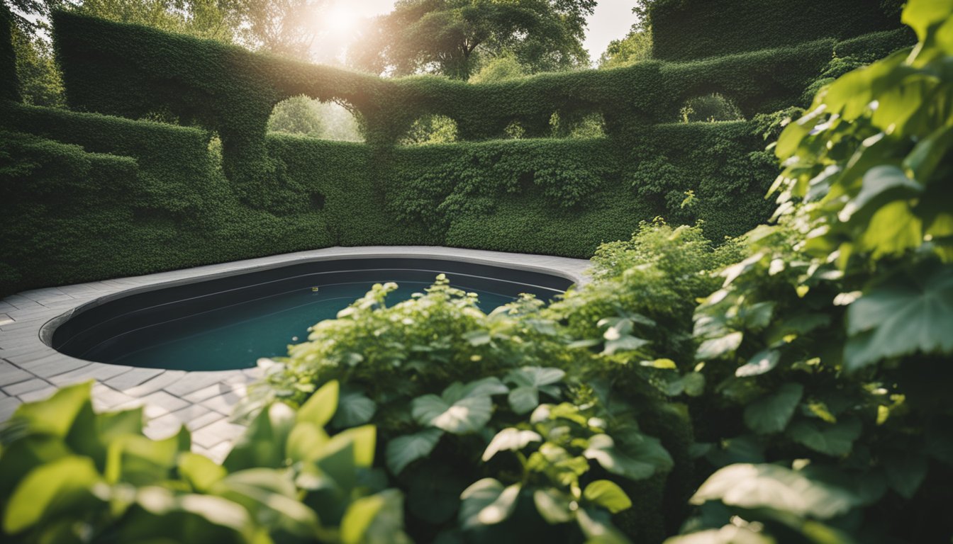 A lush garden surrounds a hot tub, with tall hedges and climbing vines providing natural privacy from the city