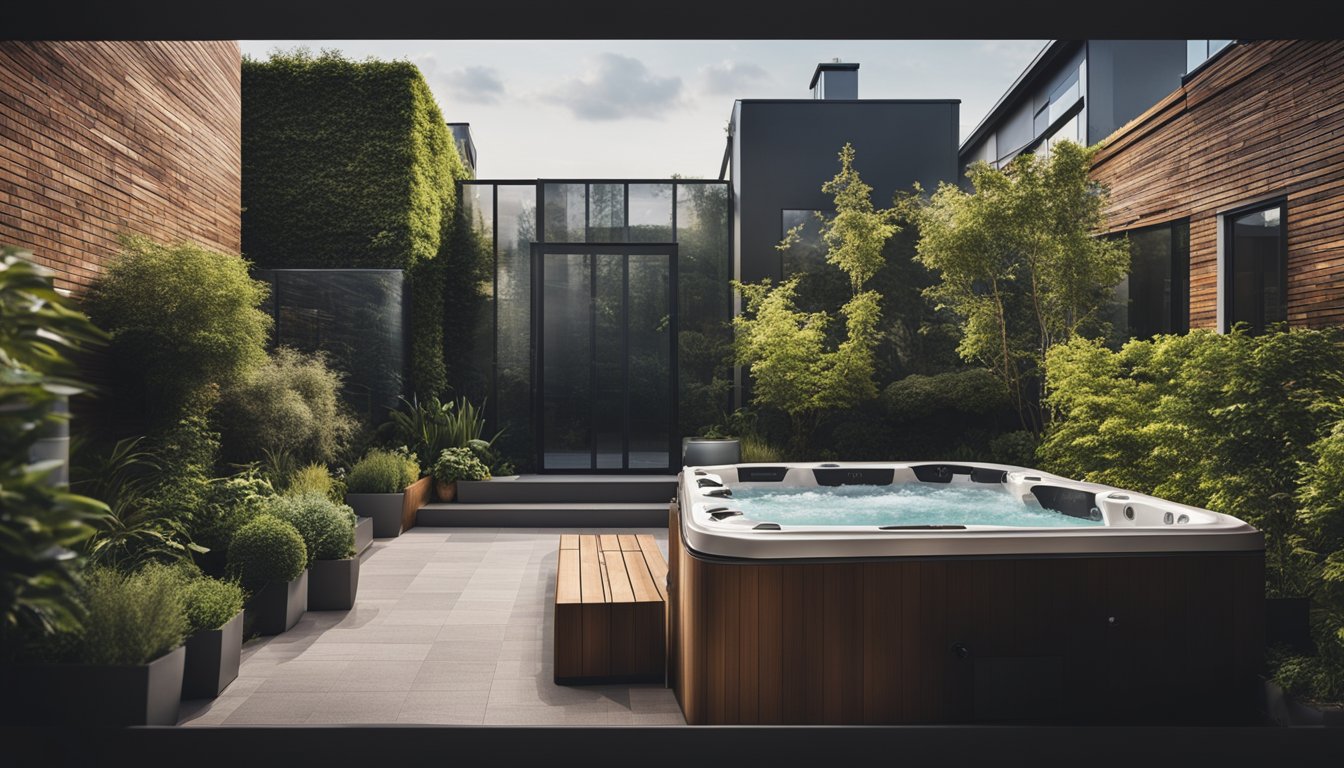 A cozy urban garden with a hot tub surrounded by tall privacy screens