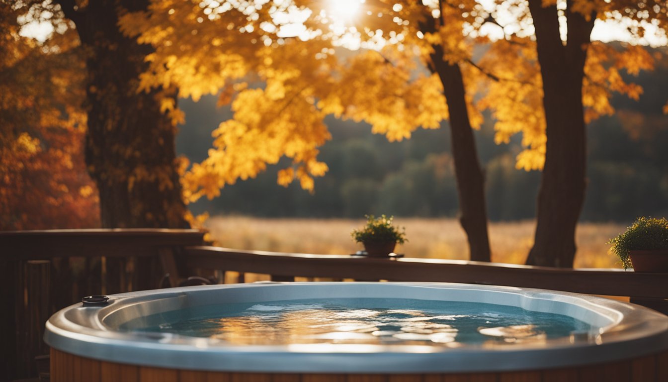 A hot tub nestled among colorful autumn foliage, with warm lighting and cozy seating for relaxing evenings