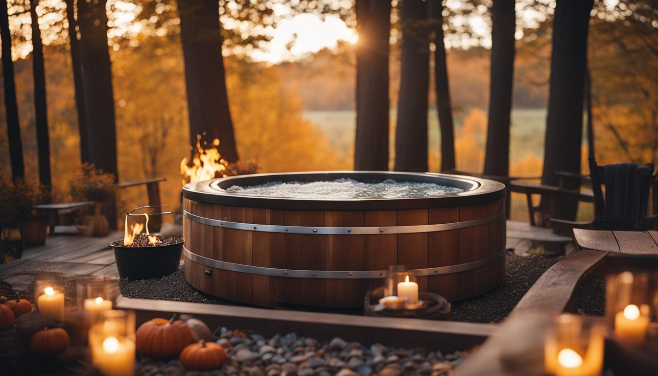 A rustic wooden hot tub surrounded by autumn foliage, cozy blankets, and soft lighting, with a crackling fire pit nearby