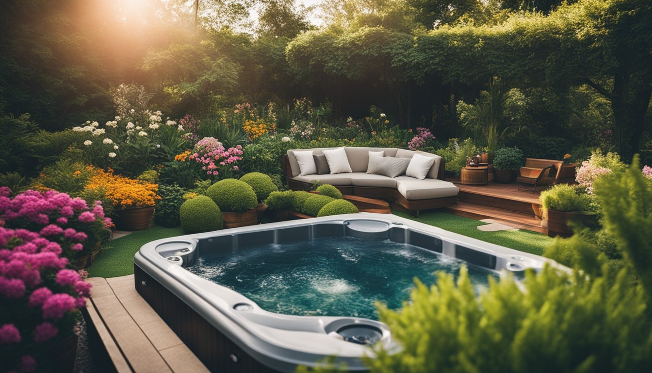 A lush garden with a hot tub as the focal point, surrounded by colorful flowers, greenery, and cozy seating areas