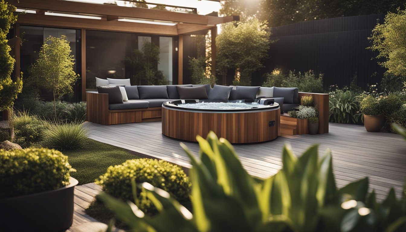 A garden with a hot tub surrounded by innovative layout ideas, such as integrated seating, lighting, and planters