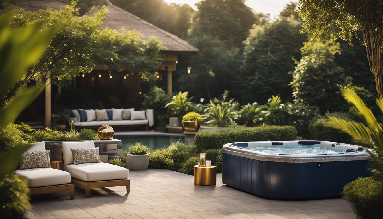 A luxurious hot tub surrounded by lush greenery and elegant outdoor furniture, with a color scheme of deep blues and shimmering gold accents