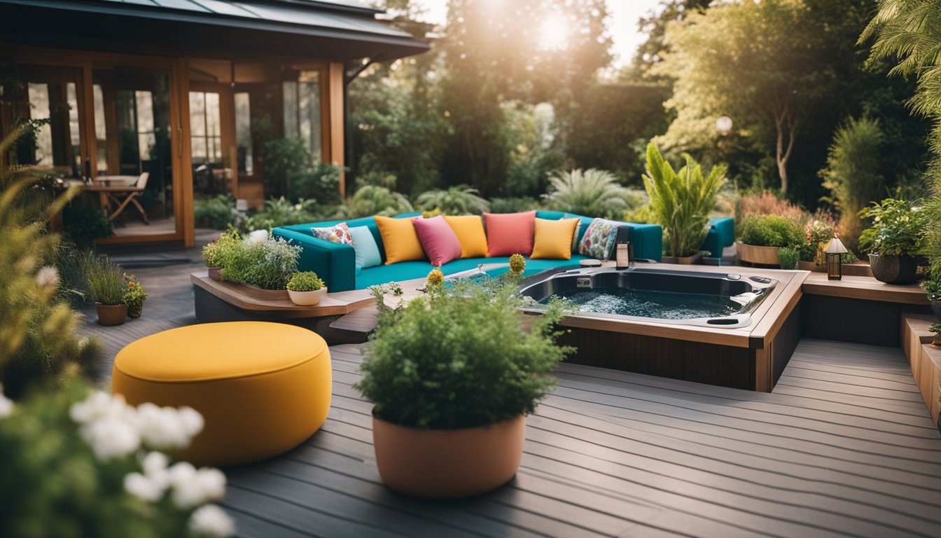 A stylish garden setup with a hot tub surrounded by vibrant plants and colorful outdoor furniture