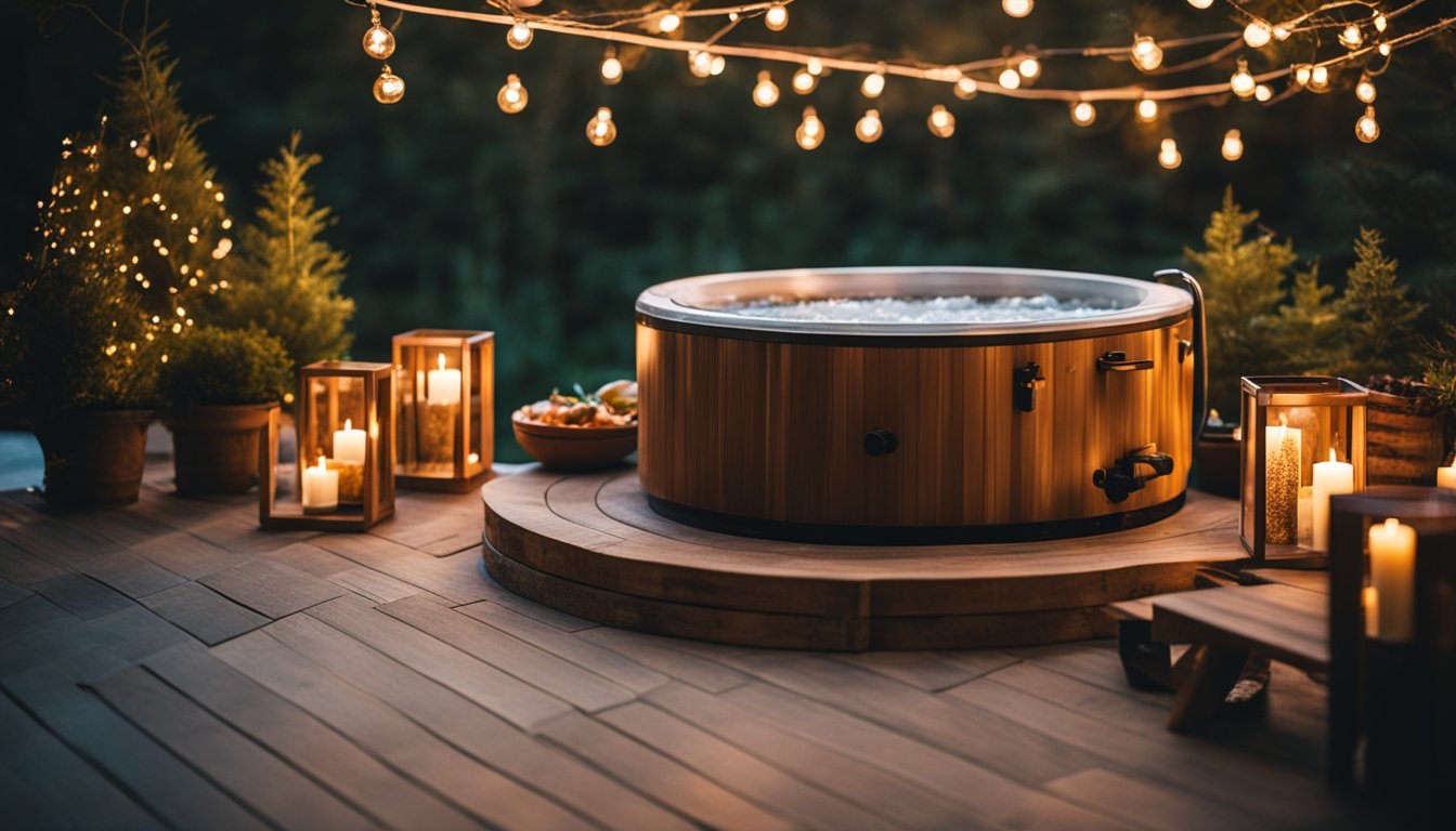 A cozy hot tub surrounded by shelves of wine, cider, and charcuterie, with a crackling fire pit and string lights for ambiance