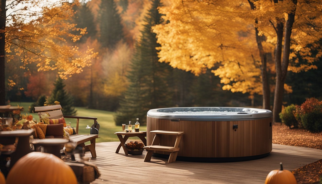 A cozy outdoor hot tub surrounded by fall foliage, with a table of board games and a speaker playing music for a lively autumn gathering