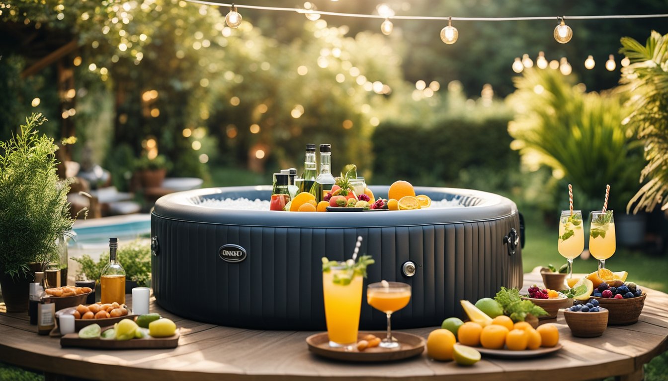 A garden party scene with a hot tub surrounded by cocktail ingredients, such as fresh fruits, herbs, and mixers, displayed on a table nearby