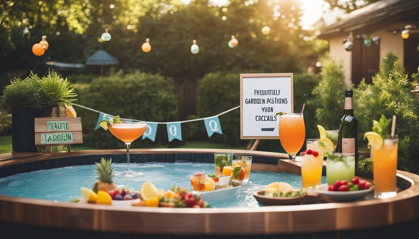 A garden party scene with a hot tub surrounded by colorful cocktails and a sign displaying "Frequently Asked Questions Elevate Your Garden Party With Unique Hot Tub Cocktails"