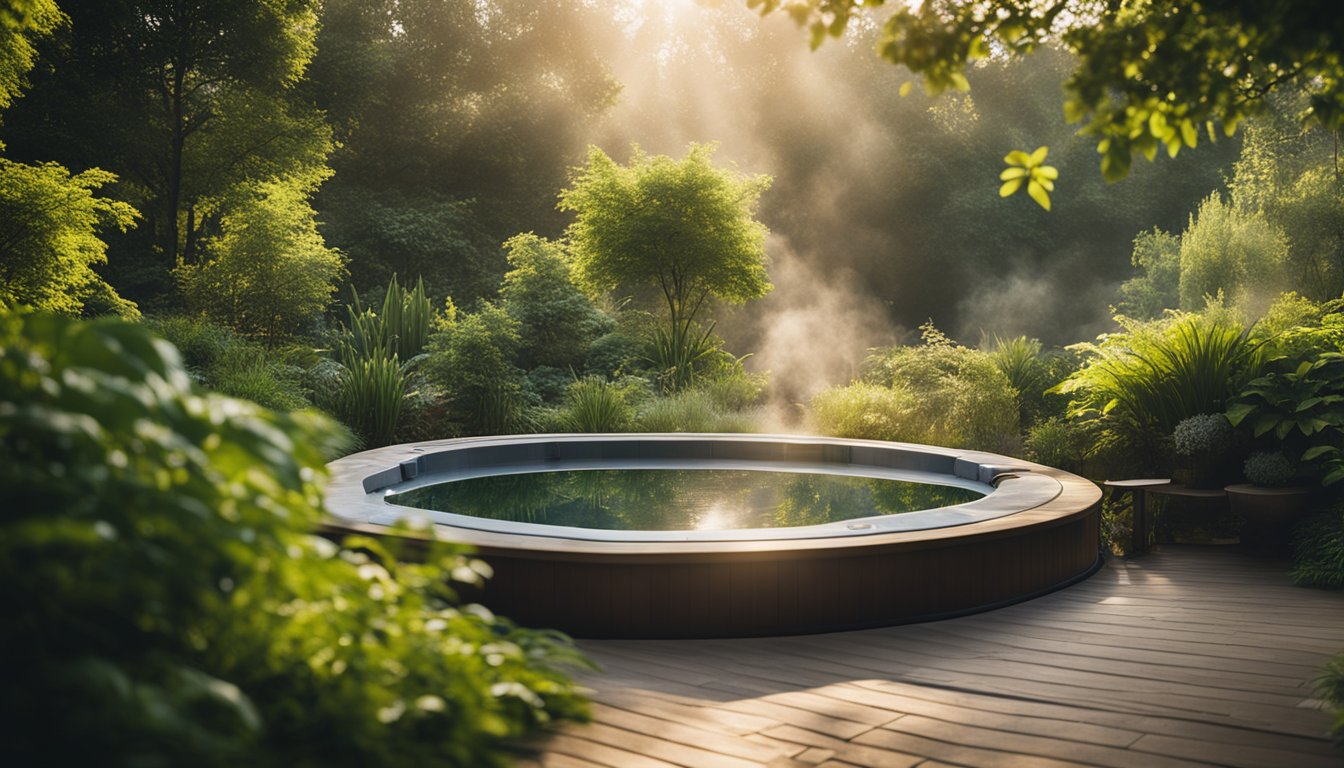 A serene garden with a hot tub surrounded by lush greenery, steam rising from the water as the morning sun filters through the trees