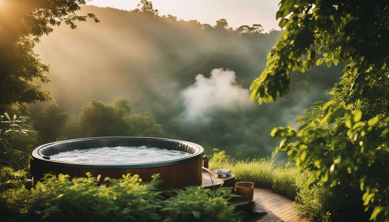 A serene morning landscape with a steaming hot tub surrounded by lush greenery and birds chirping in the background