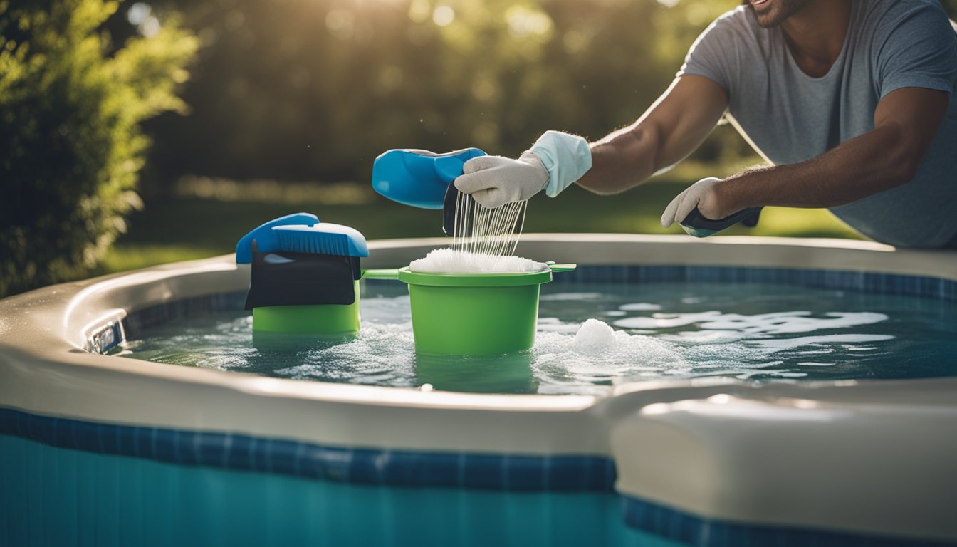 A person scrubbing a hot tub with a brush, surrounded by cleaning supplies and a budget-friendly maintenance guide