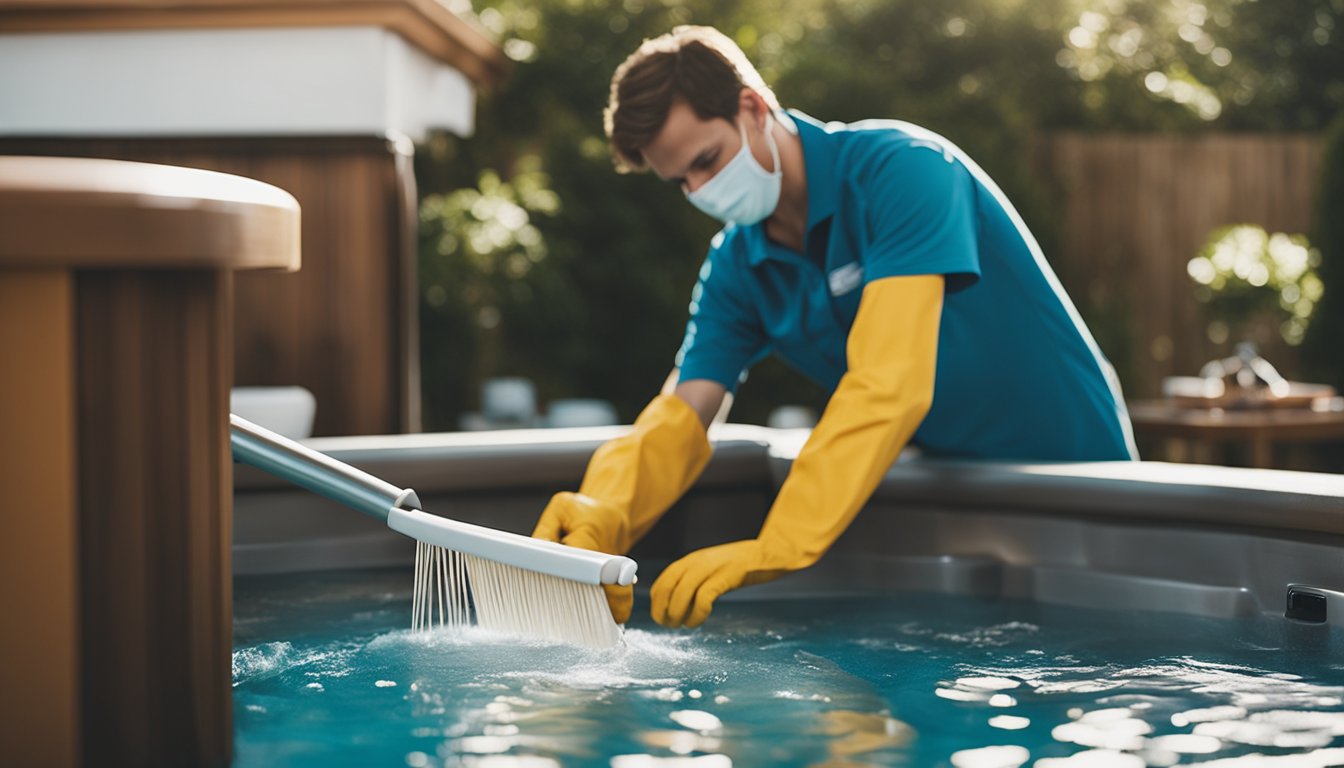 A person using a scrub brush and cleaning solution to scrub the interior of a hot tub, while another person uses a skimmer to remove debris from the water