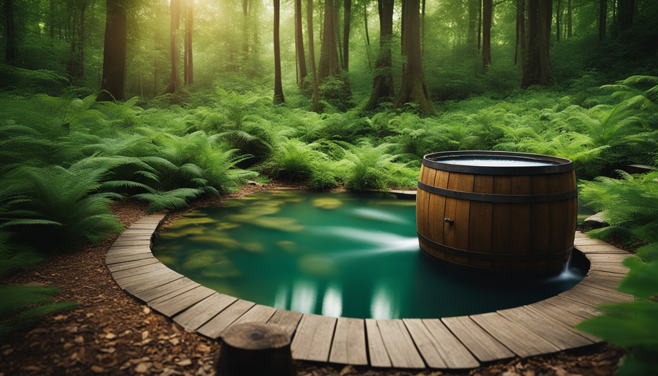 A serene forest clearing with a wooden barrel converted into a hot tub, surrounded by lush greenery and a small stream running nearby