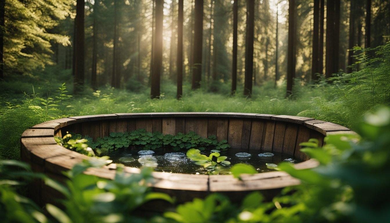 A secluded forest clearing with a natural hot spring surrounded by lush greenery and wildflowers, with a unique alternative hot tub made from repurposed materials like a wooden barrel or an old metal trough