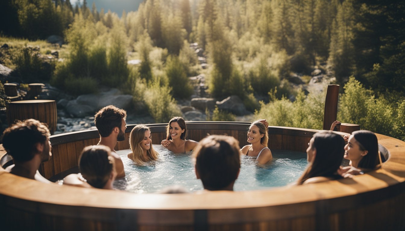 A group of people lounging in unconventional hot tubs, such as wine barrels or natural hot springs, while asking questions